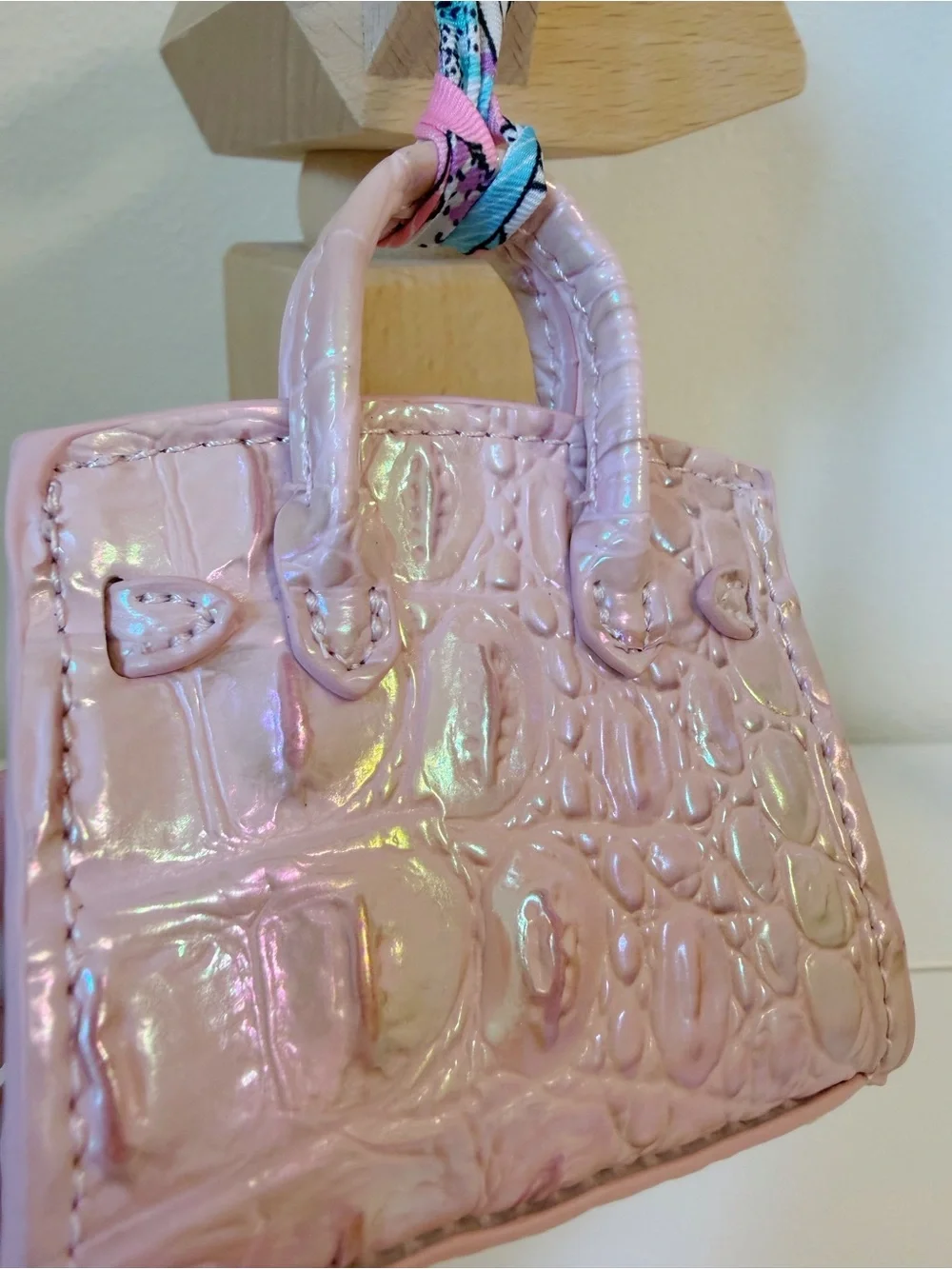 Iridescent Pearl Pink Croc Embossed Mini Bag Charm